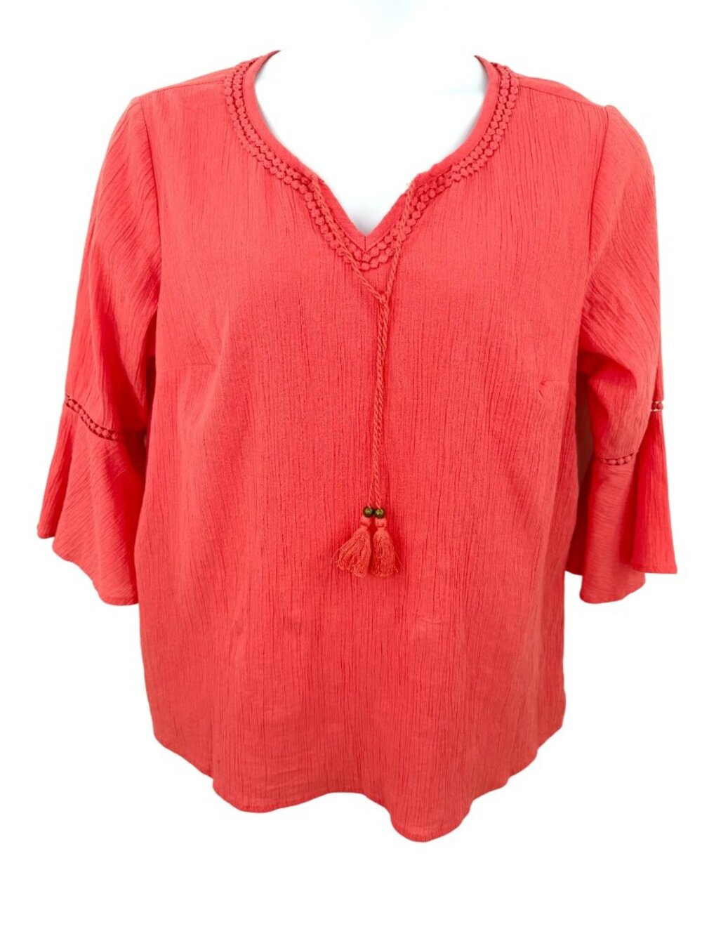 BOHO CORAL TEXTURED CROCHET ACCENT TASSEL TIE 3/4 BELL SLEEVE TOP  - L